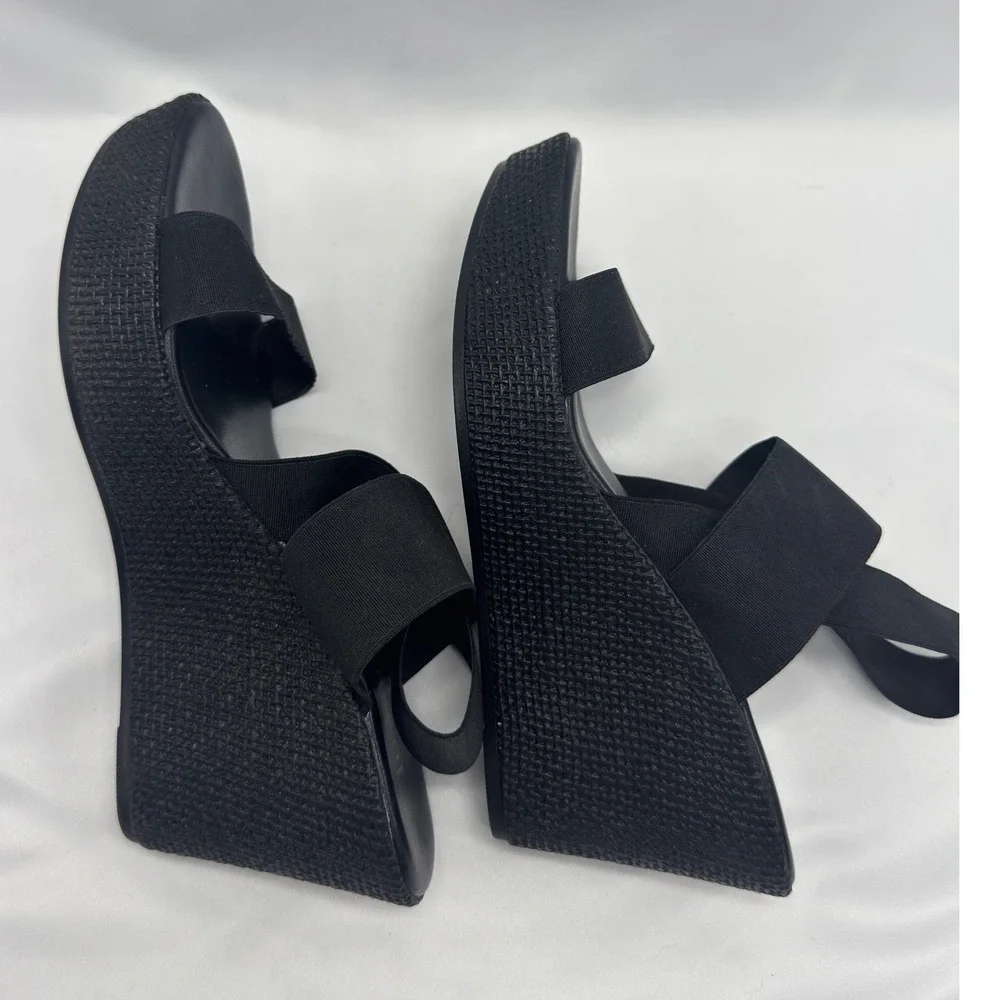 Womens Black Elastic Platform Strappy Wedge Sandals Size 9.5 Made in Italy